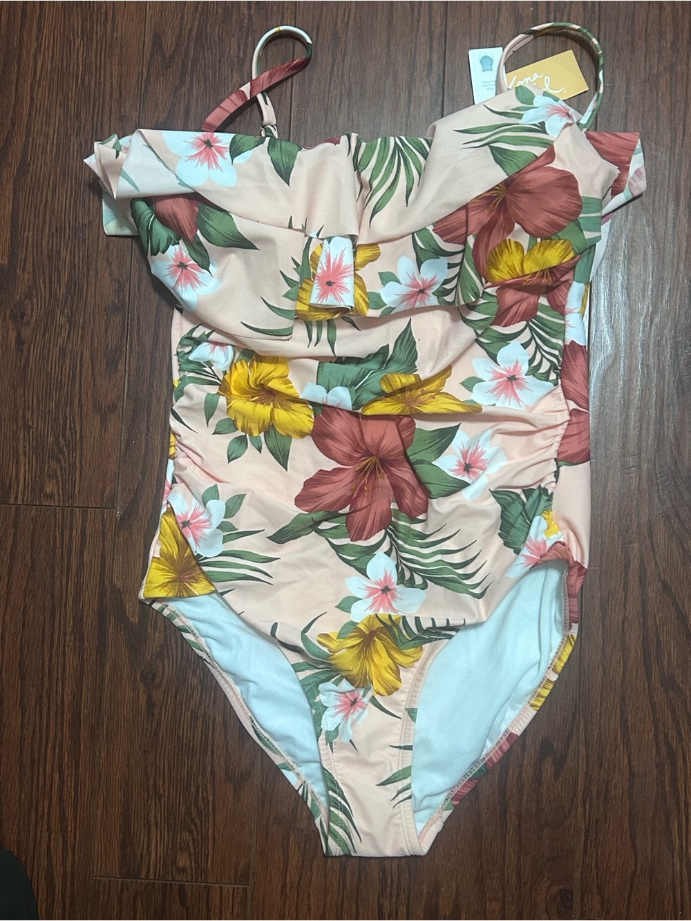 Kona Sol Peach Tropical Floral One-Piece Swimsuit with Yellow & Red Blooms